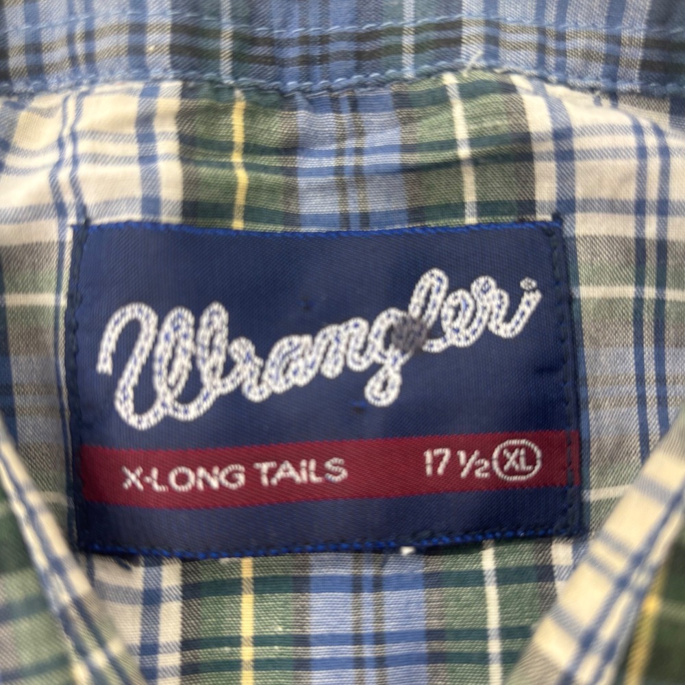 Wrangler Western Plaid Shirt Mens XL Long Tails 17.5 Short Sleeve Snap Front - Picture 6 of 12